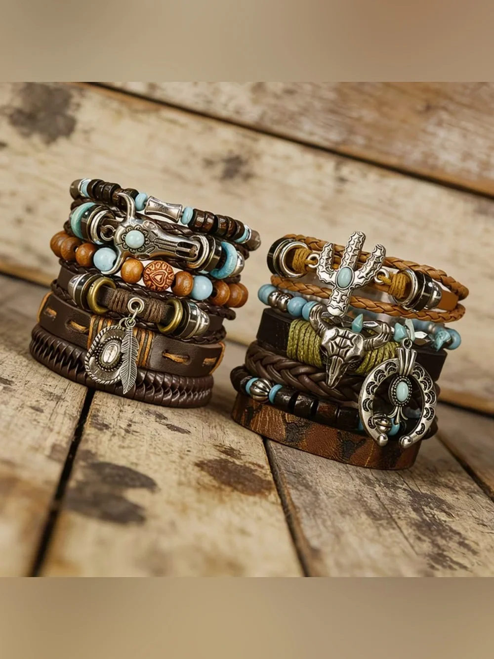 Western Layered Leather & Turquoise Bead Bracelet Stack